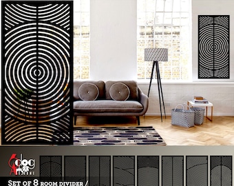 Può includere: Set di 8 modelli digitali per divisori di ambiente, pareti divisorie, schermi, griglie e cancelli. I disegni presentano un motivo geometrico in bianco e nero di cerchi concentrici.
