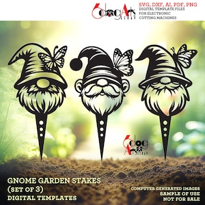 3 Gnome Garden Plant Stake Digital Templates Vector SVG DXF Files GlowForge Metal Laser Cutting Instant Download JH-434