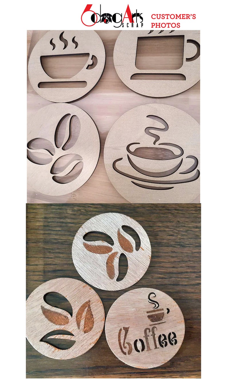 May include: Six round wooden coasters with various coffee-themed designs. The designs include coffee beans, a steaming cup of coffee, and the word "coffee".