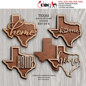 4 Texas State Outline Home Wall Decor gelaagde sjablonen Vector digitale SVG DXF-bestanden GlowForge lasersnijden Cricut Download JH-049