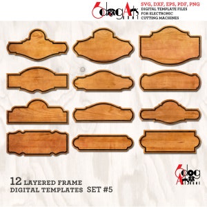 Juego de 12 plantillas de marcos en capas, 5 archivos SVG DXF digitales vectoriales para corte de madera, cartón, vinilo, GlowForge, Cricut, corte láser con cuchillo JH-68