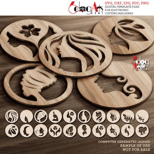 20 modelli di decorazioni da parete per sottobicchieri con silhouette di donne, file SVG DXF digitali vettoriali da scaricare, taglio laser GlowForge Cricut Maker JH-212