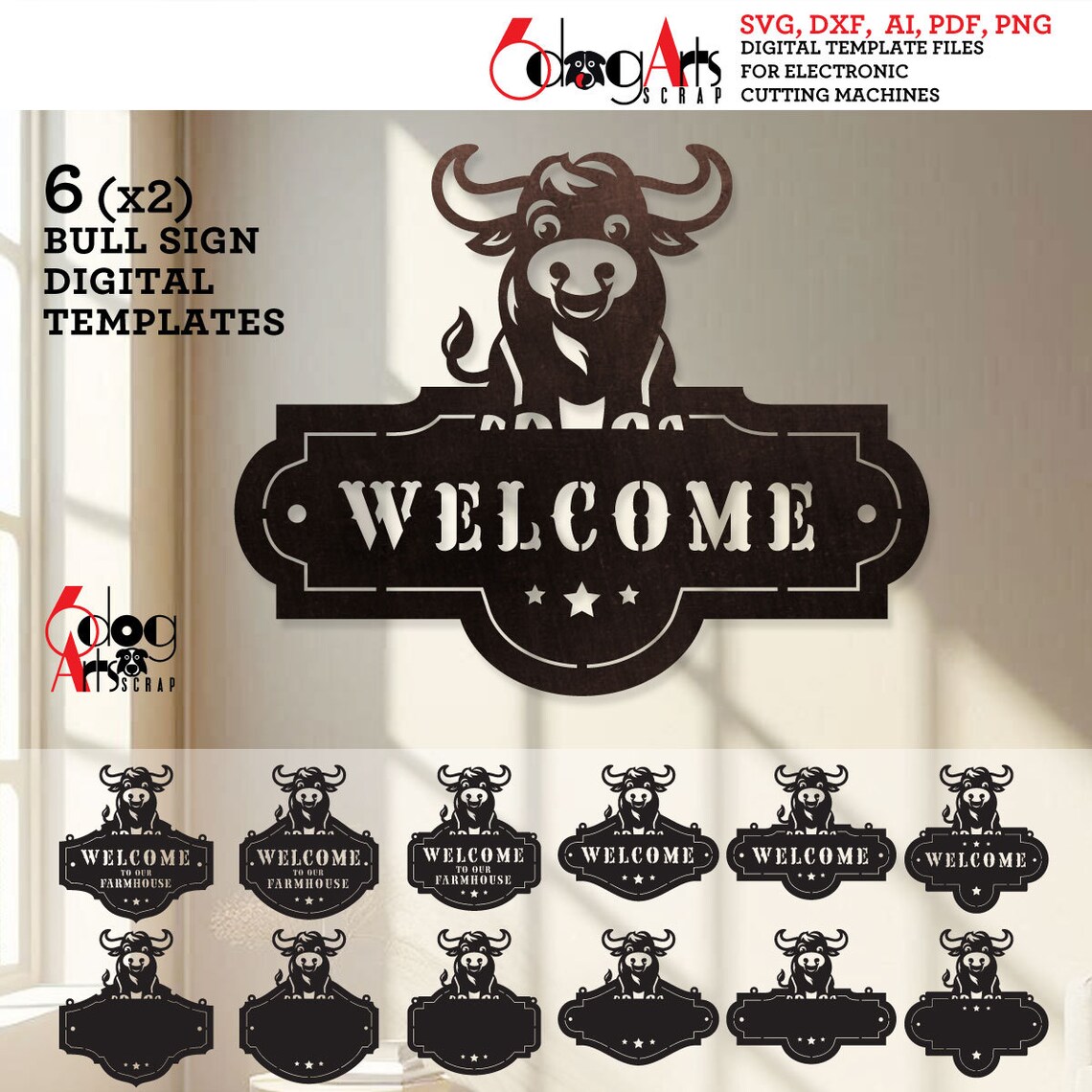 6 (x2) Bull Welcome Sign Digital Templates Vector SVG DXF Files Instant ...