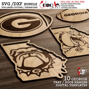 May include: Wooden laser-cut designs featuring a football shape with a "G", a bulldog within a state outline, and the word "GEORGIA". These designs are part of a digital template bundle for electronic cutting machines, ideal for crafting.