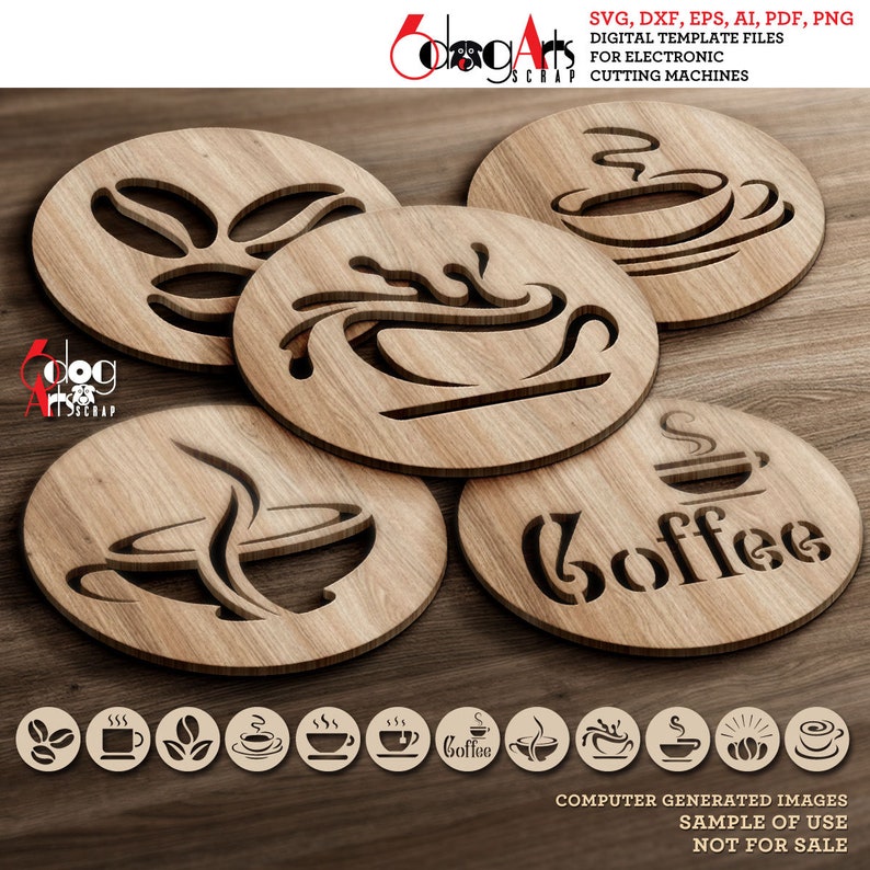 May include: Four wooden coasters with a coffee cup design. The coasters are round and have a brown wood grain finish. The designs include a coffee cup with steam, a coffee cup with a swirl of coffee, a coffee cup with a coffee bean, and the word "coffee".