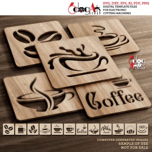 May include: Set of six wooden coasters featuring coffee cup designs. The coasters depict various coffee cup designs, including a cup with steam, a cup with a swirl of coffee, and a cup with coffee beans. The coasters are crafted from natural wood and have a rustic appearance. The text "Coffee" is cut out of one of the coasters.