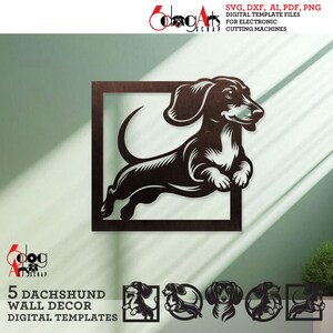 May include: Five digital templates for cutting machines featuring a dachshund dog in various poses. The designs are perfect for creating wall decor.