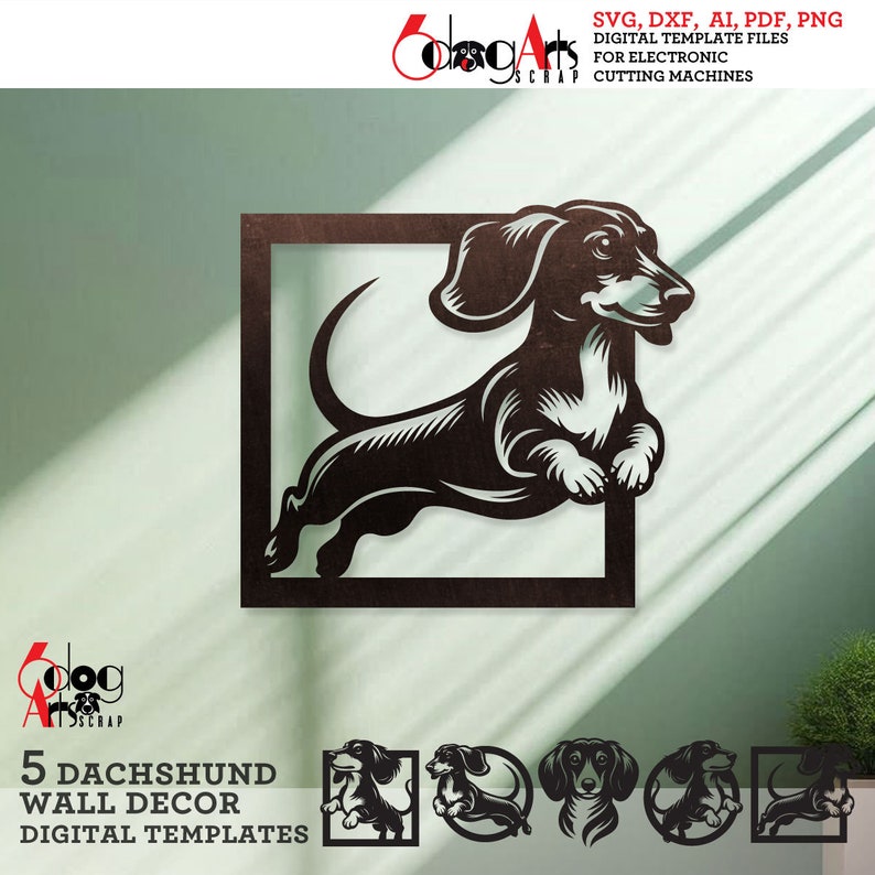 May include: Five digital templates for cutting machines featuring a dachshund dog in various poses. The designs are perfect for creating wall decor.
