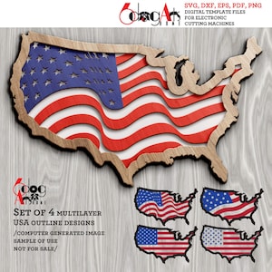 4 USA Flagge Umriss Wand Dekor Multilayered Vorlagen Vektor Digitale SVG Dxf Dateien GlowForge Laser Schneiden Cricut Download JH-58