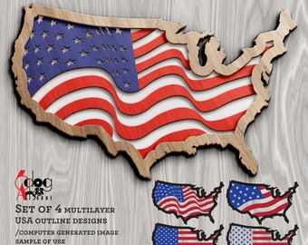 4 USA Flagge Umriss Wand Dekor Multilayered Vorlagen Vektor Digitale SVG Dxf Dateien GlowForge Laser Schneiden Cricut Download JH-58