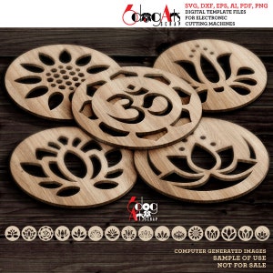 16 modelli di decorazioni da parete per sottobicchieri rotondi Yoga Lotus, file SVG DXF digitali vettoriali, download di file Laser Cutting GlowForge Cricut Maker JH-416