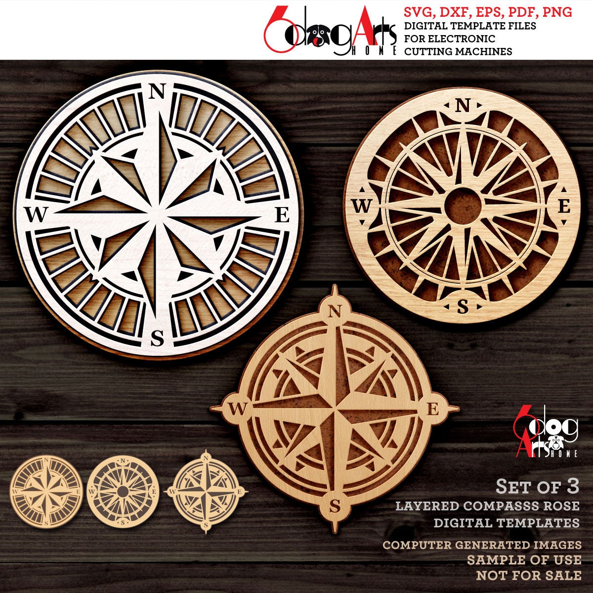 Layered Compass Rose Digital Templates (set of 3) SVG DXF Files Wood ...