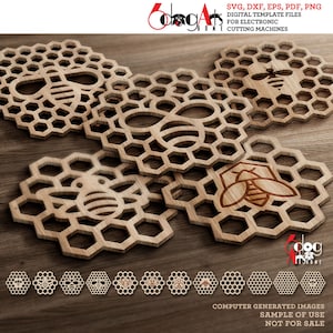 12 Bee zeshoekige Coaster Grill onderzetter sjablonen Vector digitale SVG DXF-bestanden Instant Download Glow Forge lasersnijden Cricut Maker JH-154