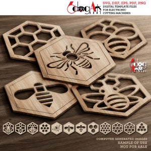 12 Bee zeshoekige Coaster Grill onderzetter sjablonen Vector digitale SVG DXF-bestanden Instant Download Glow Forge lasersnijden Cricut Maker JH-145