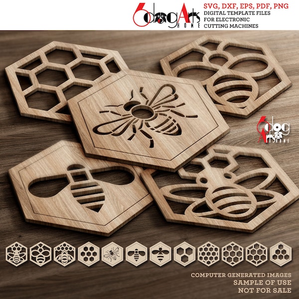 12 Bienen sechseckigen Untersetzer Grill Topfuntersetzer Vorlagen Vektor Digitale SVG DXF-Dateien Sofortiger Download Glow Forge Laser Schneiden Cricut Maker JH-145