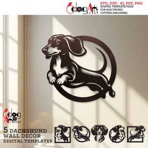 May include: Five digital templates of a dachshund dog in various poses. The dachshund is black and white and is in a circle, square, and oval shape. The text "5 Dachshund Wall Decor Digital Templates" is at the bottom of the image.