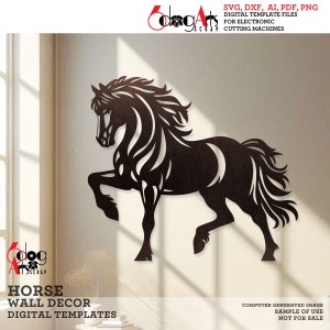 May include: Black silhouette of a horse with a flowing mane and tail. The horse is in a rearing pose with its front leg raised. This digital template is for use with electronic cutting machines.