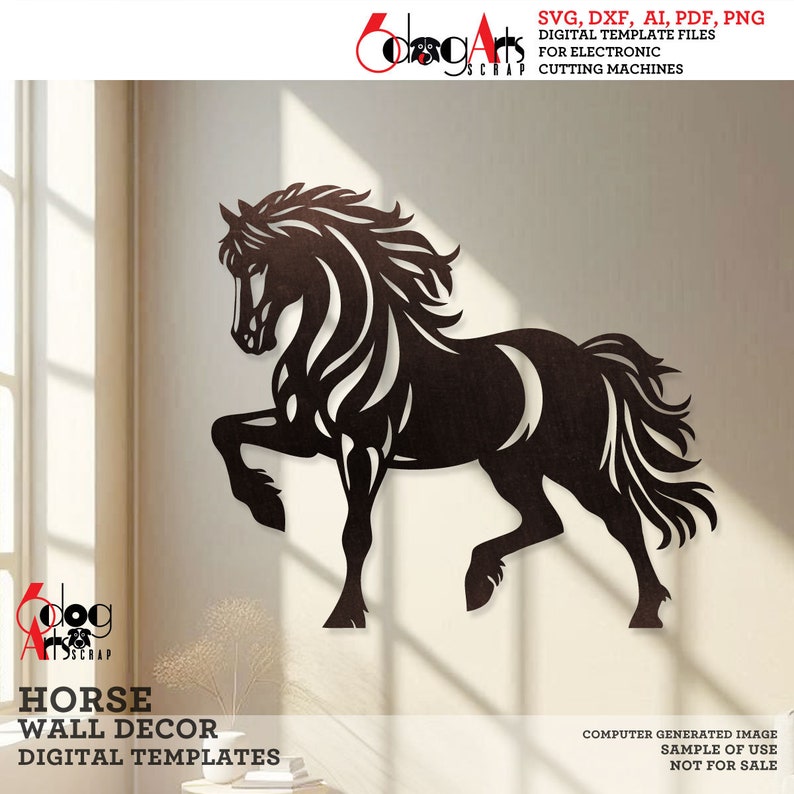 May include: Black silhouette of a horse with a flowing mane and tail. The horse is in a rearing pose with its front leg raised. This digital template is for use with electronic cutting machines.