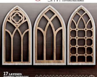 17 Mehrschichtige Gothic Fenster Vorlagen für GlowForge Laser Cricut CNC Holz Papier Schneiden Vektor Digitale Dateien svg Dxf JH-93