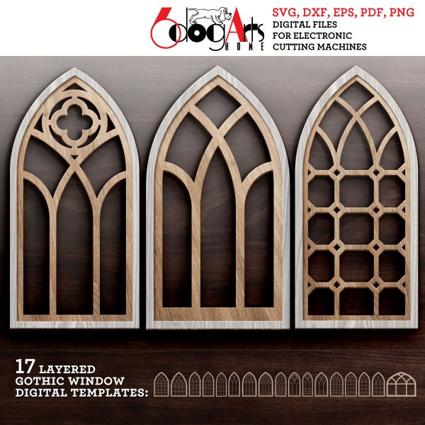 17 Multilayered Gothic Window Templates for GlowForge Laser Cricut CNC Wood Paper Cutting Vector Digital Files Svg Dxf JH-93