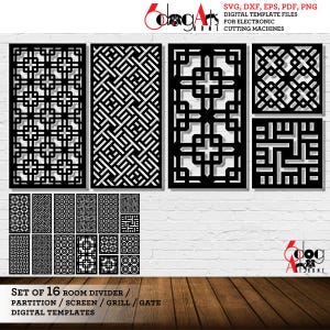 16 Grade Portão Sala Tela Divisória Divisória Modelos Digitais Svg Dxf Arquivos Laser Cricut Glow Forge Corte Plasma CNC JB-1816