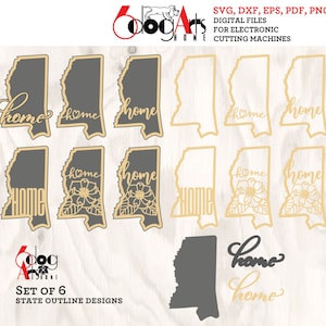 May include: Set of six digital cut files for electronic cutting machines. The files feature the outline of the state of Mississippi with the word "home" in various styles. The files are available in SVG, DXF, EPS, PDF, and PNG formats.