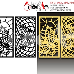 May include: Four digital cut files for electronic cutting machines, featuring a butterfly design. The files are in SVG, DXF, EPS, PDF, and PNG formats.