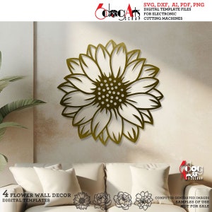 Puede incluir: Cuatro plantillas digitales para decoración de pared de flores. Las plantillas presentan un girasol, una dalia, una peonía y una rosa. Las imágenes son generadas por ordenador y no están a la venta.