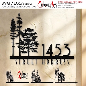 May include: Black metal street address sign with a forest silhouette, the number "1453", and the words "Street Address". The sign includes the text "SVG / DXF BUNDLE FOR LASER / PLASMA CUTTING" and "SVG, DXF, AI, PDF, PNG DIGITAL TEMPLATE FILES FOR ELECTRONIC CUTTING MACHINES".
