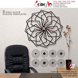 May include: Eight digital templates for wall clocks featuring geometric designs. The designs are black and white and have a modern, abstract style. The templates are for use with electronic cutting machines.