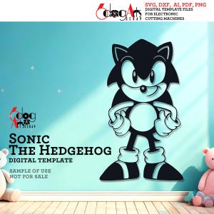 May include: A black and white digital template of Sonic the Hedgehog, a popular video game character, against a light blue background. The image includes the text "Sonic the Hedgehog Digital Template" and "Sample of Use Not for Sale."