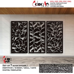 Puede incluir: Conjunto de siete plantillas digitales para un divisor de habitación, una partición, una pantalla, una parrilla o una puerta. El diseño presenta un patrón repetitivo de hojas negras sobre un fondo blanco. Las plantillas están disponibles en los formatos SVG, DXF, EPS, PDF y PNG.