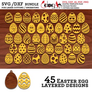 Puede incluir: Una colección de 45 diseños de huevos de Pascua en capas en amarillo, con varios patrones, adecuados para corte o grabado láser. La imagen incluye texto: "SVG/DXF BUNDLE" y "45 EASTER EGG LAYERED DESIGNS".