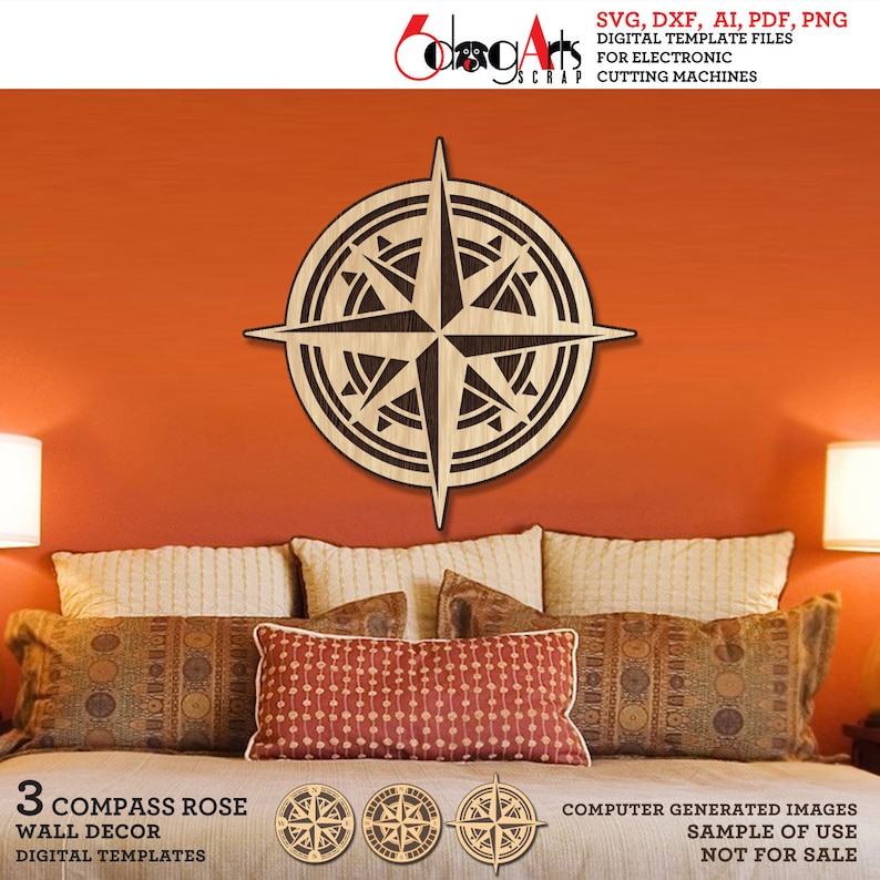 May include: A wooden compass rose wall decor with a brown and black design. The compass rose is a circular design with a star in the center and points extending outward. The compass rose is mounted on a wall in a room with a bed and pillows.