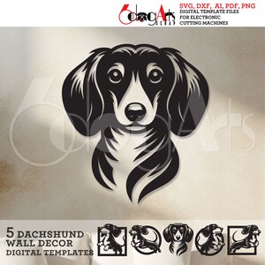 May include: Five digital templates of a dachshund dog in different poses. The templates are black and white and can be used for cutting machines.