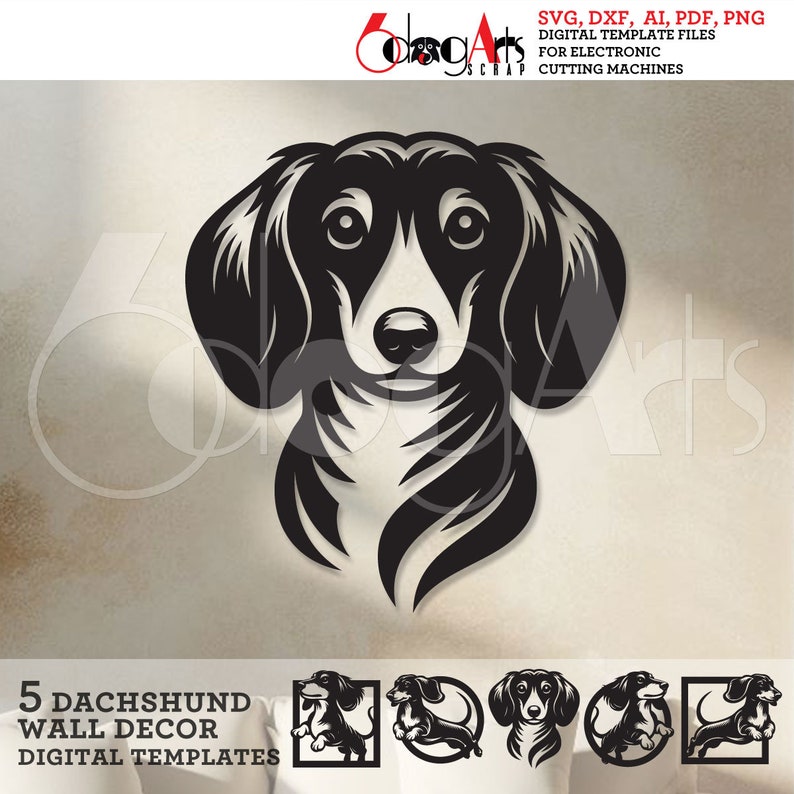 May include: Five digital templates of a dachshund dog in different poses. The templates are black and white and can be used for cutting machines.