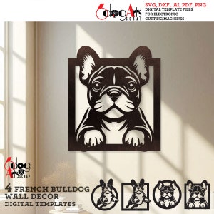 4x Französische Bulldogge Wand-Dekor Digitale Vorlagen SVG DXF-Dateien Sofortiger Download Laser Glow Forge Cnc-Fräser Cricut Metall Papierschnitt JH-540
