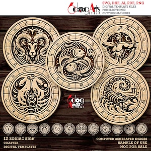 12 modelos de decoração de parede para porta-copos com signo do zodíaco, arquivos SVG DXF digitais, corte a laser, gravação, pontuação e corte GlowForge, download JH-504