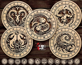 12 Zodiac Sign Horoscope Coaster Wall Decor Templates Digital SVG DXF Files Laser Cutting, Engraving GlowForge Score & Cut Download JH-504