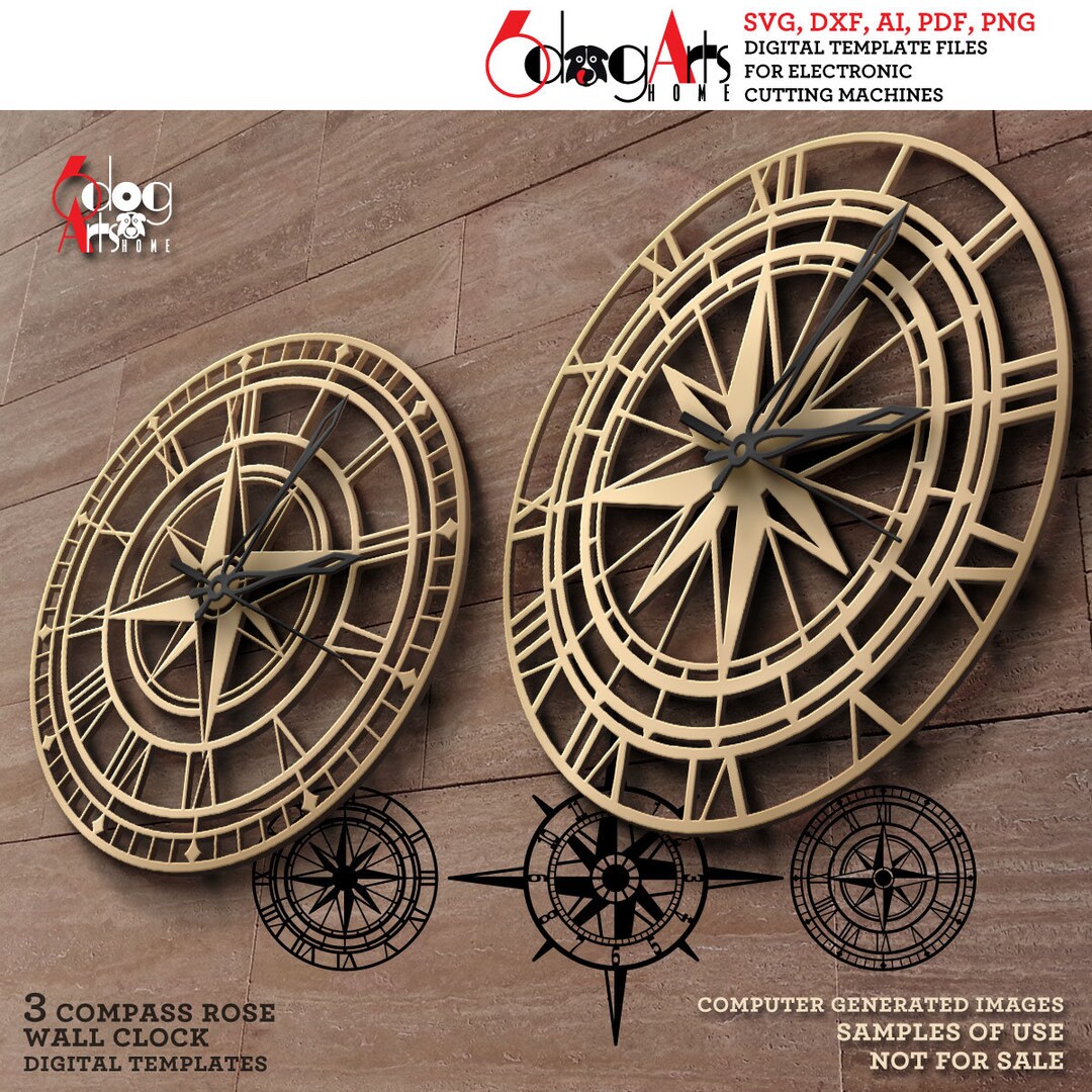 3x Compass Rose Wall Clock SVG DXF Templates Digital Vector Files ...