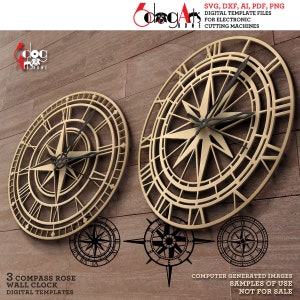 May include: Three digital templates for a compass rose wall clock. The templates are in SVG, DXF, AI, PDF, and PNG formats. The image shows a computer-generated image of the clock on a wood-grain background. The text "Computer Generated Images Samples of Use Not for Sale" is at the bottom of the image.