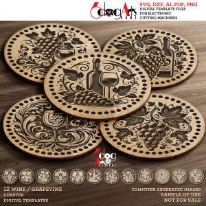12 plantillas de decoración de pared con salvamanteles SVG de posavasos de vid de vino Archivos vectoriales digitales Descarga de corte láser Grabado GlowForge xTool JH-682