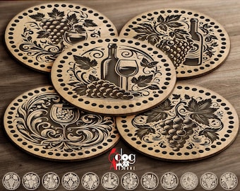 12 Wine Grapevine Coaster SVG Trivet/Wall Decor Templates Digital Files Download for Laser Cutting/Engraving JH-682
