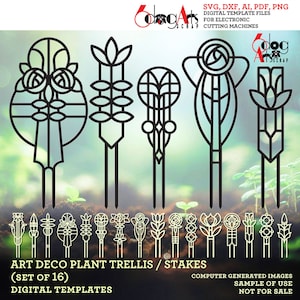 16 Art Deco Gatsby Mackintosh Plant Trellis Stake Digital Templates Pliki SVG DXF GlowForge Drewno Metal Cięcie laserowe Natychmiastowe pobieranie JH-568