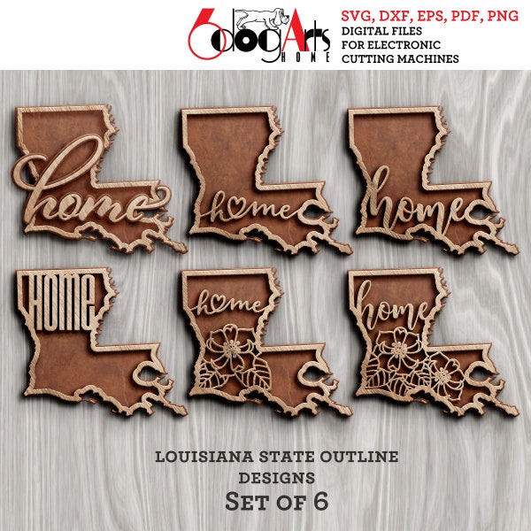 6 Louisiana State Outline Home Magnolia Flower Layered Templates Vector Digital SVG DXF Files GlowForge Laser Cutting Cricut Download JH-107