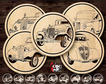 May include: Set of five round wooden coasters featuring vintage car designs. Each coaster has a different car model, including a classic saloon, a pick-up truck, and a roadster. The coasters are perfect for adding a touch of vintage style to your home.