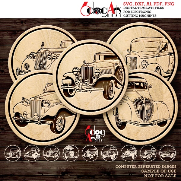 9 Antique Car Coaster Trivet Wall Decor Engraving Templates Vector Digital SVG DXF Files Download cnc Laser Cutting GlowForge JH-217