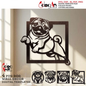 4 modelli digitali per decorazioni da parete a forma di carlino, file SVG DXF, download immediato, Laser Glow Forge, router CNC, Cricut, taglio carta e metallo JH-544