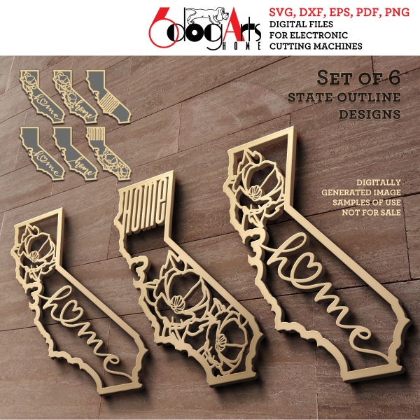 6 California State Outline Home Wall Decor Layered Templates Vector Digital SVG DXF Files GlowForge Laser Cutting Cricut Download JH-365