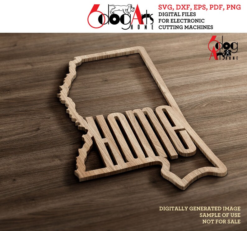 May include: A wooden cutout of the state of Mississippi with the word "Home" inside. The cutout is on a woodgrain background. The image is a digital file for electronic cutting machines.